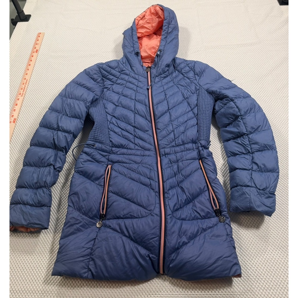 Bernardo Womens Hooded Down Puffer Coat Blue Orange Packable Jacket Medium